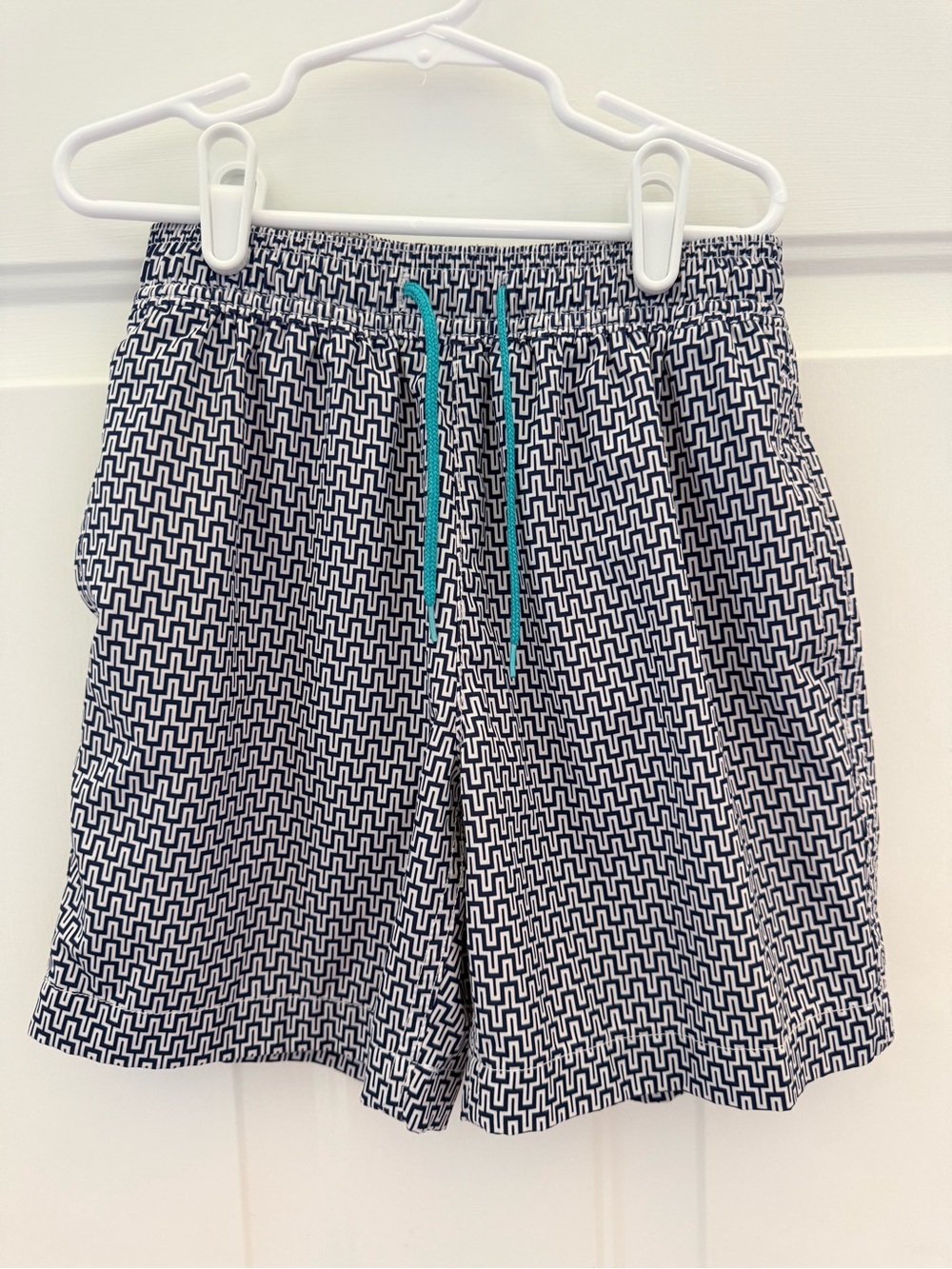 Crewcuts Navy and White Geometric Swim Trunks with Teal Accent